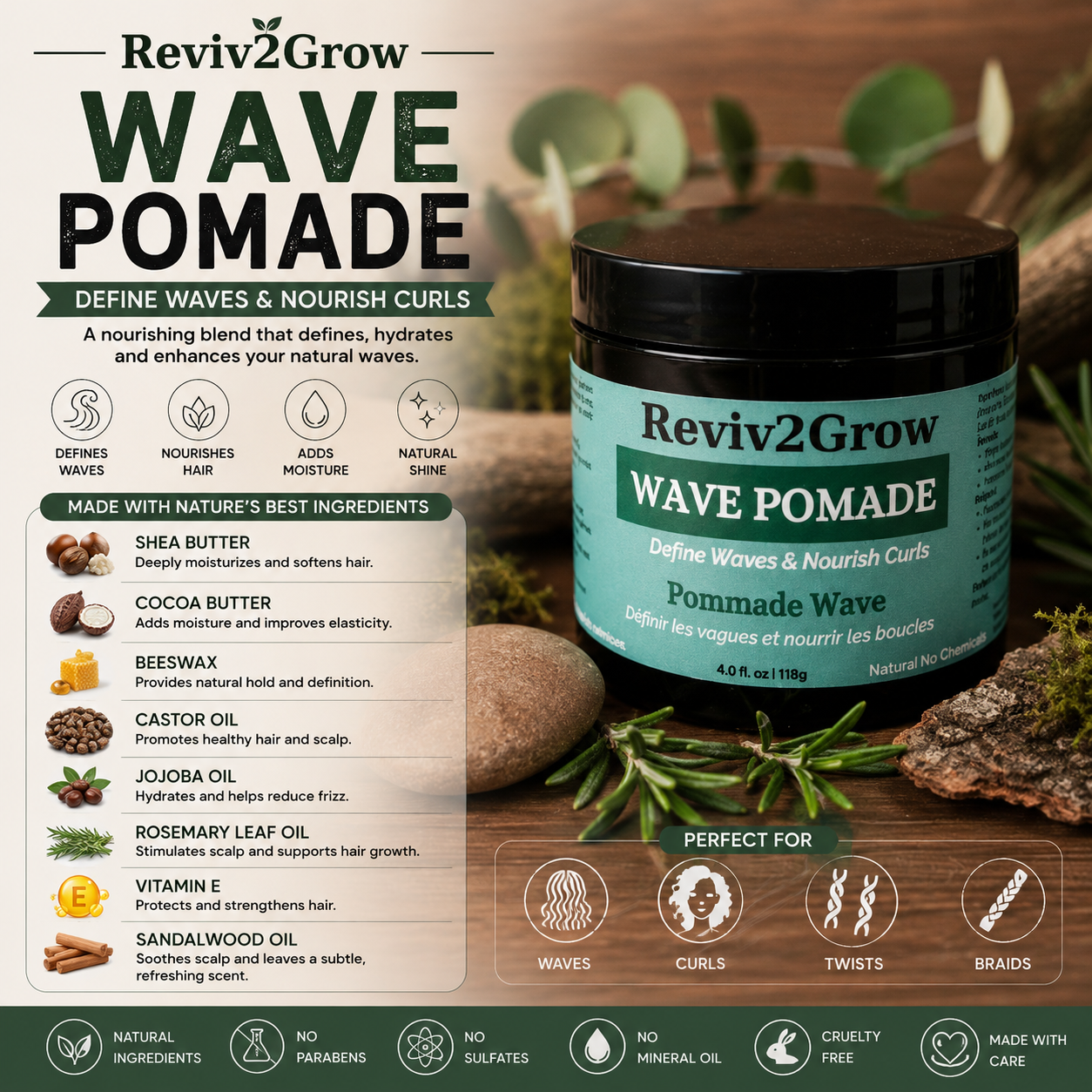 Reviv2Grow Wave Pomade container with product details on a natural background