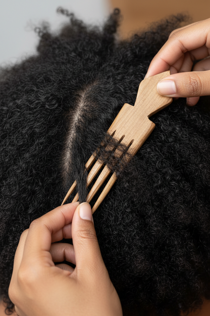 Person combing natural hair with a wooden comb