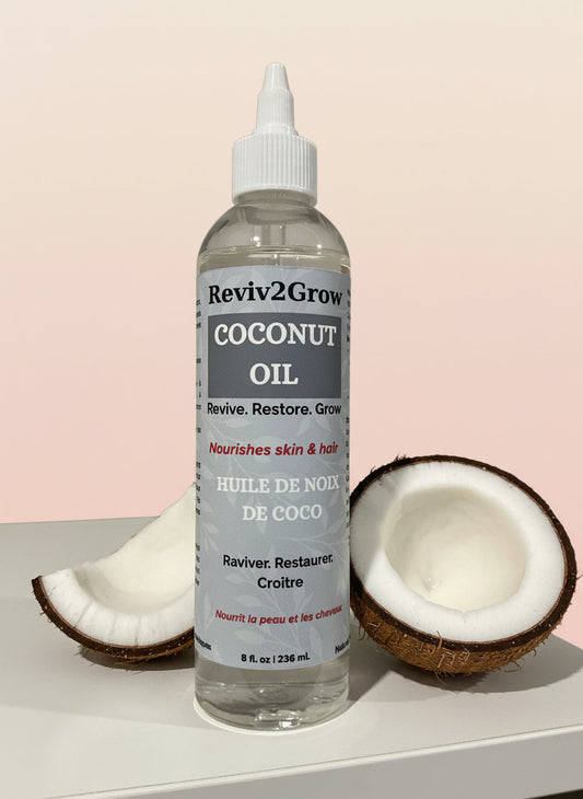 Bottle of coconut oil with a label on a gray background