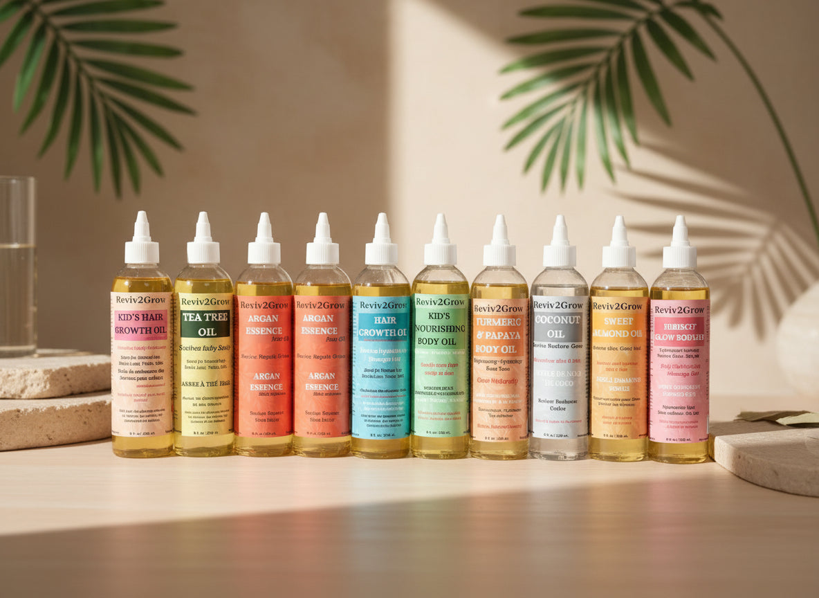 Row of Reviv2Grow skincare and hair care products on a shelf.