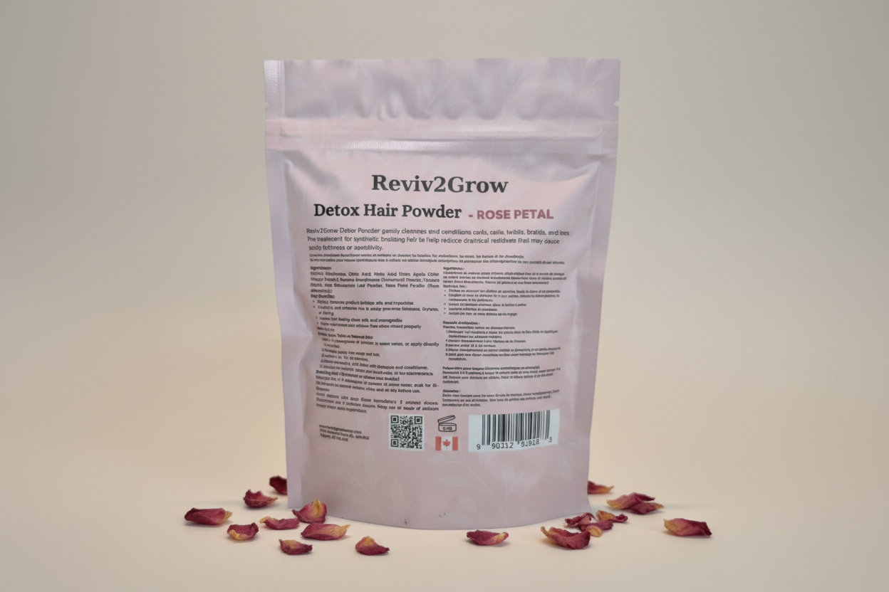 Reviv2Grow Detox Hair Powder packaging with text and QR code on a light background