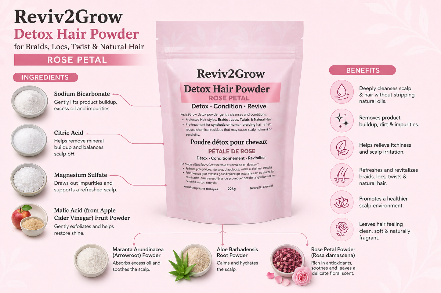 Reviv2Grow Detox Hair Powder packaging with ingredients and benefits listed.
