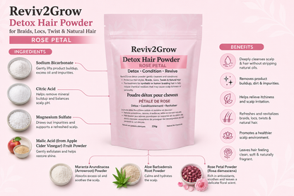 Reviv2Grow Detox Hair Powder packaging with ingredients and benefits listed.