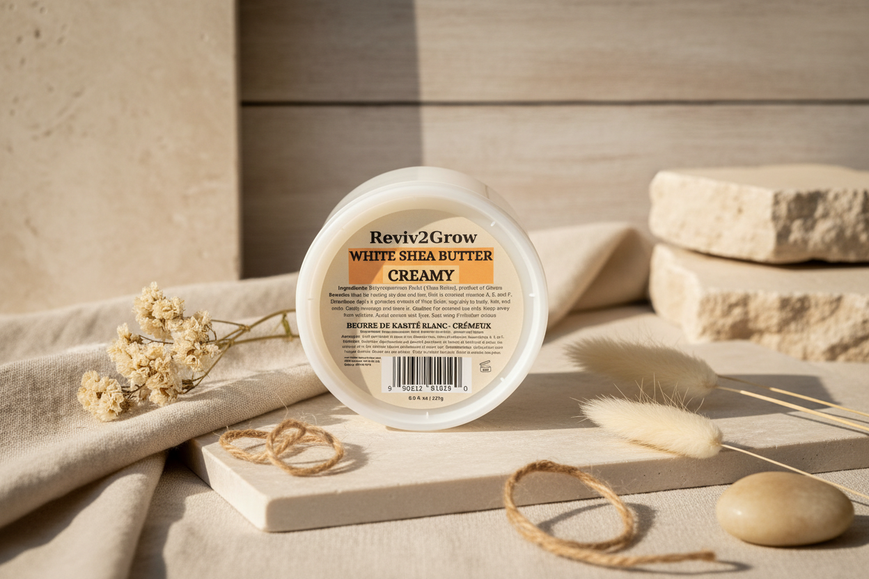 Reviv2Grow White Shea Butter Creamy container on a wooden surface with natural elements.