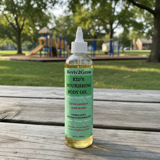 Bottle of Reviv2Grow Kid's Nourishing Body Oil on a neutral background