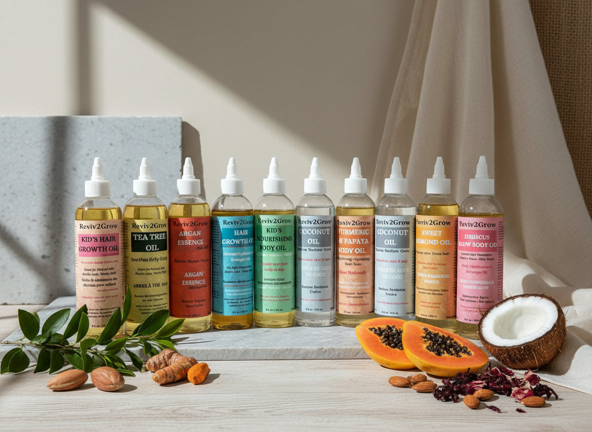 Row of Reviv2Grow skincare and hair care products on a shelf.