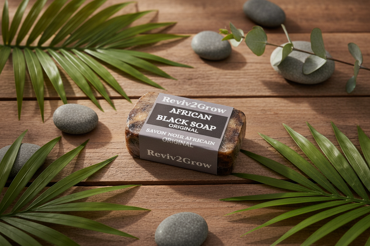 Bar of African Black Soap with Rev2Grow branding on a wooden surface with green leaves and stones.