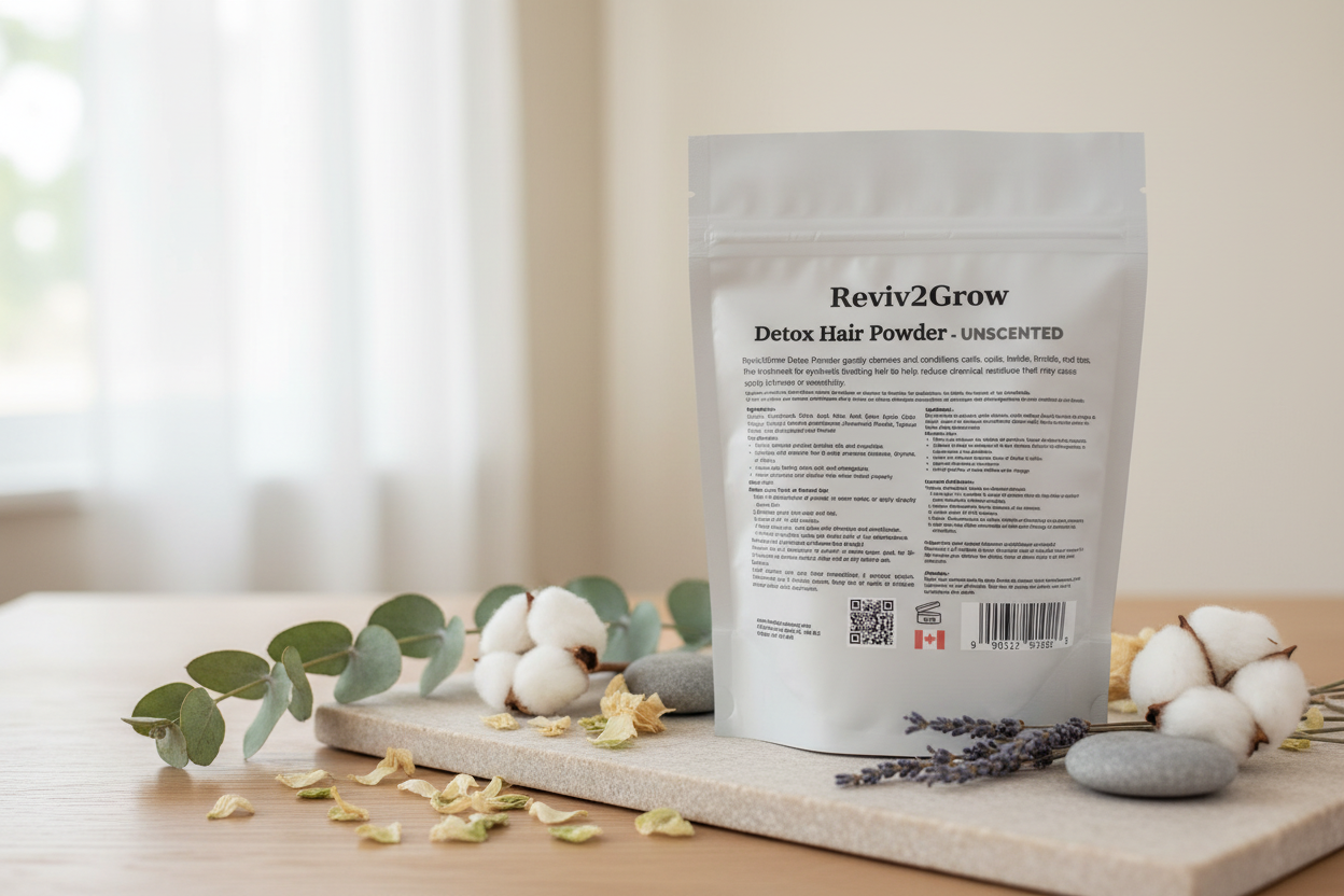 Reviv2Grow Detox Hair Powder package on a light background