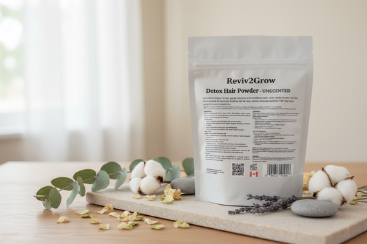 Reviv2Grow Detox Hair Powder package on a light background