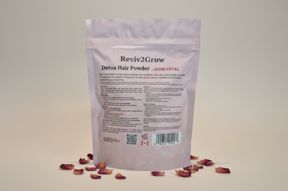 Reviv2Grow Detox Hair Powder packaging with text and QR code on a light background